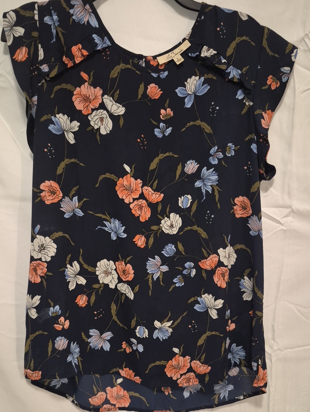 Navy Floral Short-Sleeve Blouse - Coral, Light Blue & Cream Flowers